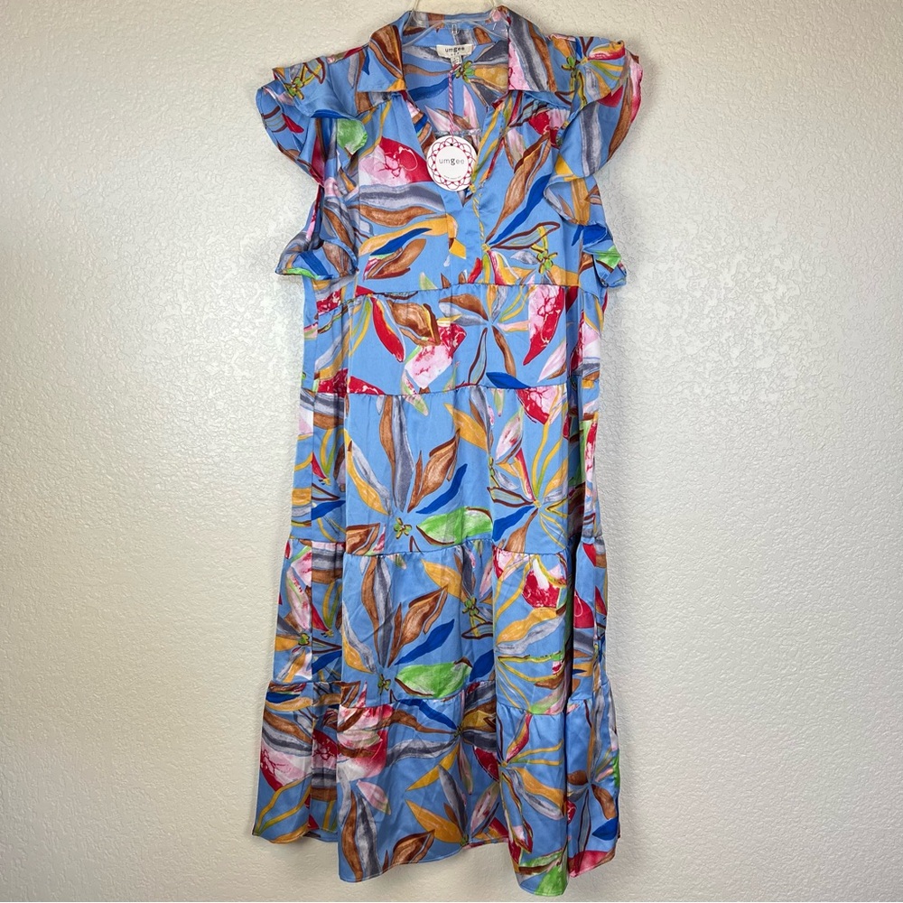 Umgee Blue Leaf Print Ruffle Short Sleeve Tiered Midi Dress NWT Size Large